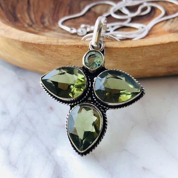 Silver Plated Peridot Blue Topaz Pear Shape Statement Necklace - Picture 1 of 7